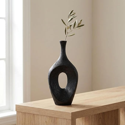 Decorative Flower Vase for Home Decor – Tall Ceramic Vase with Open Cut Design, Stylish Table Centerpiece for Living Room or Entry Display, Modern Accent for Faux Flowers and Greenery – 19", Black