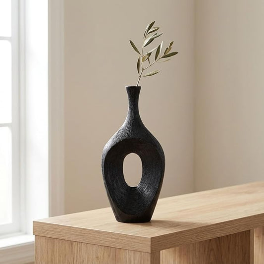 Decorative Flower Vase for Home Decor – Tall Ceramic Vase with Open Cut Design, Stylish Table Centerpiece for Living Room or Entry Display, Modern Accent for Faux Flowers and Greenery – 19", Black