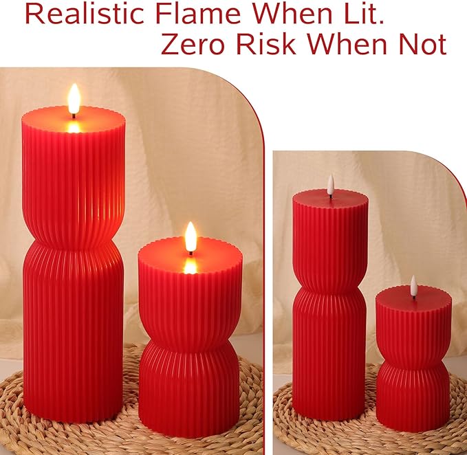 Red Ribbed Flameless Pillar Candles with Remote, Battery LED Wax Candles Flickering Valentines Day Decor Gift Set of 2