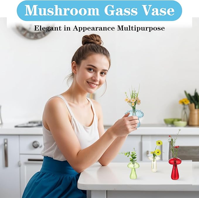 Mushroom Vase, Set of 6 Colored Flower Vase, Propagation Stations Vases, Glass Vases for Decor, Small Bud Vases Home Decor Small Cute Mushroom Planter for Room Office Decoration
