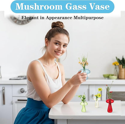 Mushroom Vase, Set of 6 Colored Flower Vase, Propagation Stations Vases, Glass Vases for Decor, Small Bud Vases Home Decor Small Cute Mushroom Planter for Room Office Decoration