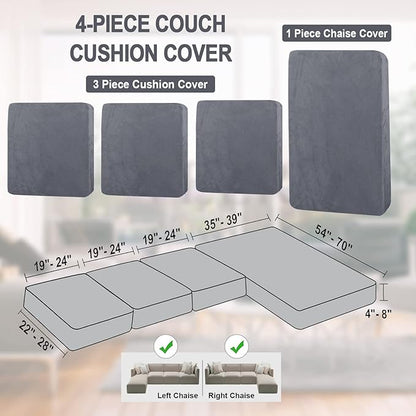 NAISI Sectional Couch Cover 4 Pieces Velvet Separate Couch Cushion Covers L Shape Soft Stretch Sofa Slipcovers with 2pcs Pillowcases for Left/Right Chaise Sectional Couch(3 Seater+1 Chaise,Dark Grey)