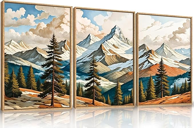 Large Woodcut Style Mountains Framed Canvas Wall Art,Vintage Pine Trees Wall Decor,Boho Natural Snow Ridge Artwork,Modern Woodland Landscape Art Print for Living Room,Bedroom,Office- 24"x36"x3