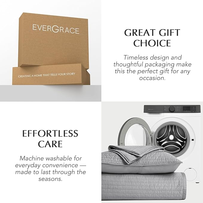 EVERGRACEHOME Cotton Sateen Quilt Set Queen Size, Pre-Washed Cotton Channel Stitch Coverlet Bedspread, 3 Pieces Lightweight Soft Bedding Sets for All Season, with 2 Pillow Shams, Fog Gray