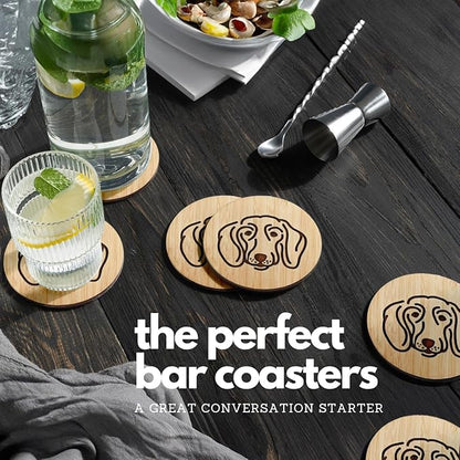 Set of 6 Bamboo Laser-Engraved Fun Dog Coasters with Iron Holder - Gift Packaging 3.9 Inch Non-Stick Absorbent Durable and Unbreakable Wooden Cup Coasters for Dog Lovers (Dachshund)