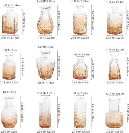 Vintage Gradient Amber Glass Bud Vase in Bulk 12, Rustic Small Flower Vases Set for Table, Mantel, Centerpieces, Wedding, Decorative Embossed Mini Vase Bottles for Home, Party, Baby Shower