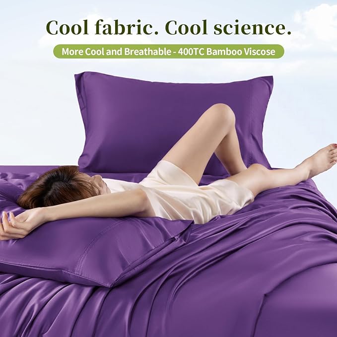 Shilucheng 100% Viscose Derived from Bamboo_ Sheets King Size 4pcs - Ultra Cooling & Silky Soft Bed Sheets, 16" Deep Pocket, Perfect for Hot Sleepers, Hotel Bedding Sheets (Purple)