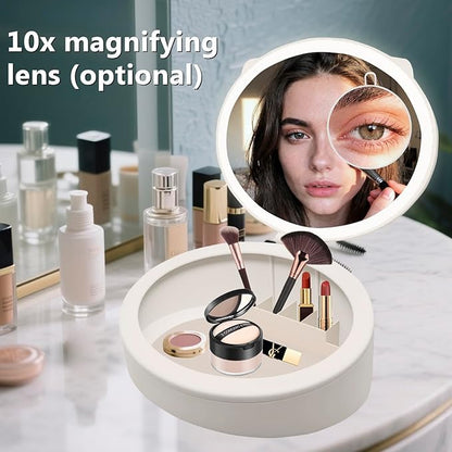 LED Makeup Mirror with Storage, 10X /1X Magnifying Vanity Mirror with 3 Types of Light, 66 LED Vanity Mirror with Lights,3-in-1 Deskop Storage Mirror,Travel Makep Mirror (White)