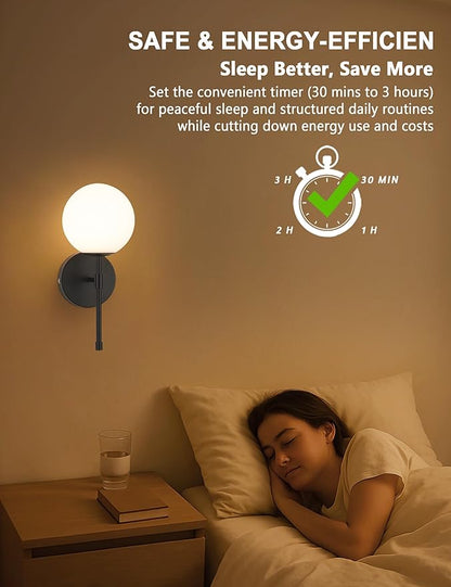 Battery Operated Globe Wall Sconces Set of 2, Black Wireless Wall Lights with Remote Control, Rechargeable 3 Color Stepless Dimming Modern Wall Decor Lamp for Bedroom Living Room Hallway
