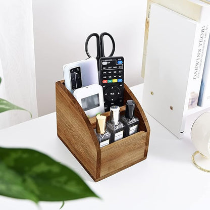 OKSQW Rustic Vintage Wooden Desk Organizer Farmhouse Wood Remote Control Caddy, 3 Slot Tabletop Desktop Office Supply Storage Rack Desktop TV Remote Control Holder Home Decor Office Supplies Storage