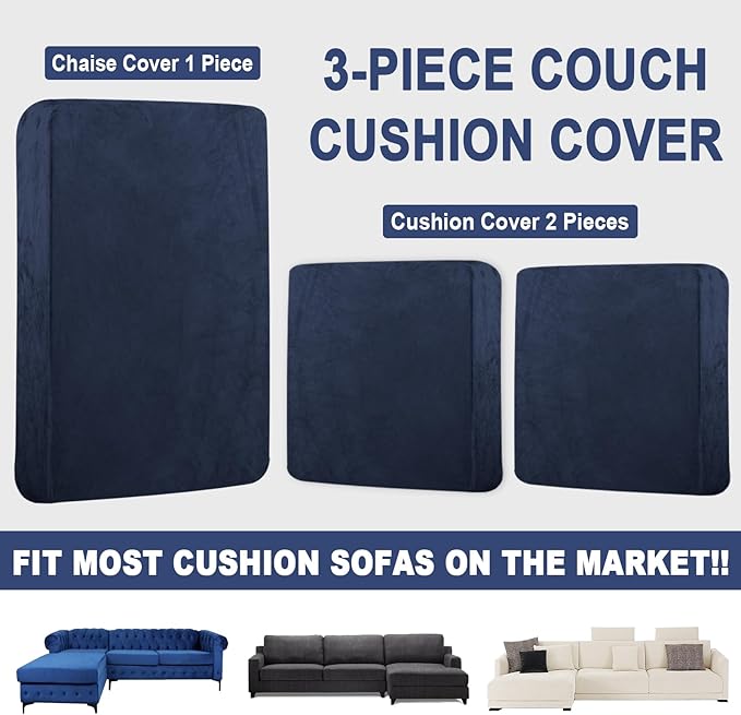 Sectional Couch Covers for 3-Piece Seat Cushion Velvet Separate L Shape Couch Cover Stretch Sofa Slipcover with 2 Pieces Pillowcases Furniture Protector (Sofa 2 Seater + 1 Chaise, Navy)