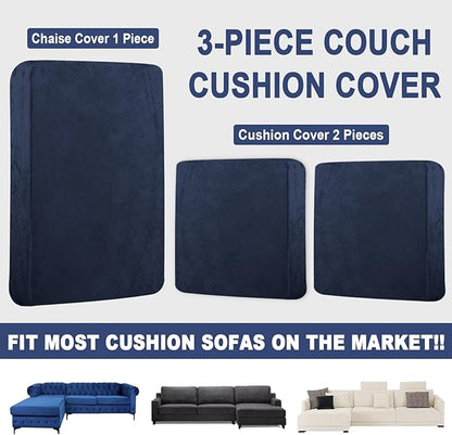Sectional Couch Covers for 3-Piece Seat Cushion Velvet Separate L Shape Couch Cover Stretch Sofa Slipcover with 2 Pieces Pillowcases Furniture Protector (Sofa 2 Seater + 1 Chaise, Navy)