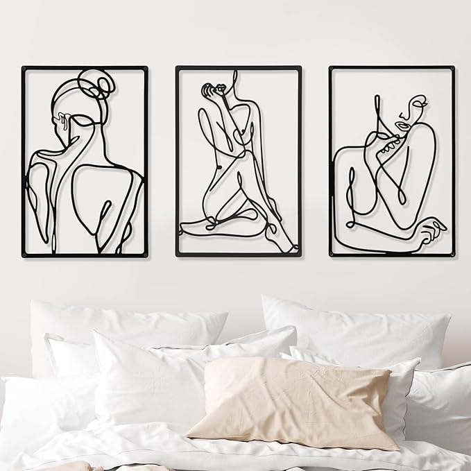 CHENGU 3 Pieces Metal Minimalist Abstract Woman Wall Art Line Drawing Wall Art Decor Single Line Female Home Hanging for Kitchen Bathroom Living Room