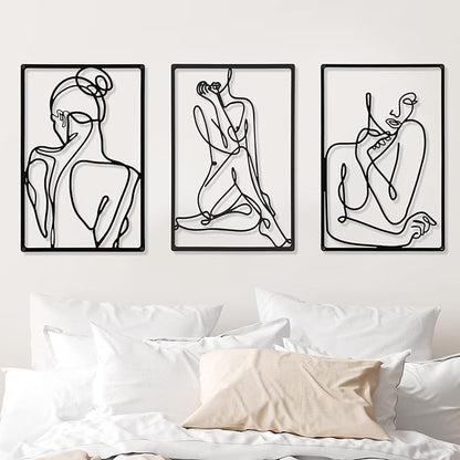 CHENGU 3 Pieces Metal Minimalist Abstract Woman Wall Art Line Drawing Wall Art Decor Single Line Female Home Hanging for Kitchen Bathroom Living Room