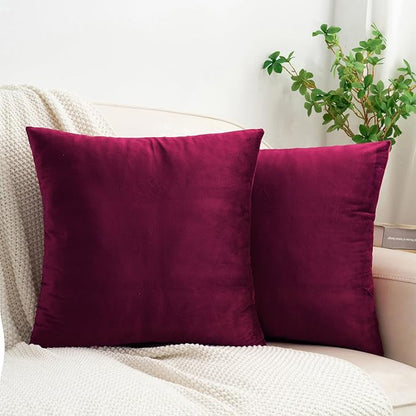 HWY 50 Wine Red Velvet Throw Pillow Covers 22x22 Inch, Pack of 2 Soft Cozy Solid Decorative Luxury Cushion Cases for Couch Sofa Bed Living Room Bedroom