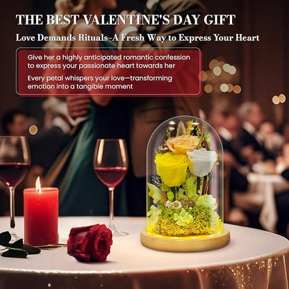 Preserved Flowers Gifts for Women Eternal Rose In Glass Dome Light Up Flower Real Rose Eternal Flowers for Decoration Long Lasting Forever Preserved Glitter Roses Unique Gift on All Occasions(Yellow)