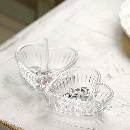 3.1in Crystal Jewelry Tray Set of 2 Heart-shaped Jewelry Dishes Trinkets Ring Tray Home Table Decor Christmas Birthday Wedding Gifts for Women (Clear)