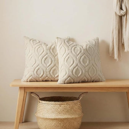 decorUhome Spring Throw Pillow Covers 16x16 Inch Set of 2, Soft Plush Faux Wool Beige Solid Couch Pillow Covers, Accent Farmhouse Neutral Square Pillow Cases for Sofa Bed Living Room