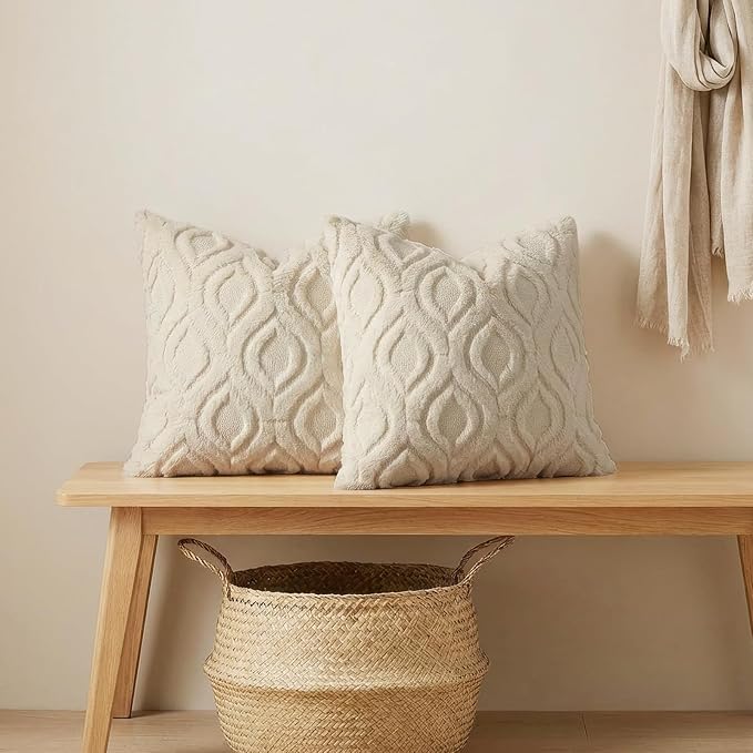 decorUhome Spring Euro Sham Throw Pillow Covers 26x26 Inch Set of 2, Soft Plush Faux Wool Beige Solid Couch Pillow Covers, Accent Farmhouse Neutral Square Pillow Cases for Sofa Bed Living Room