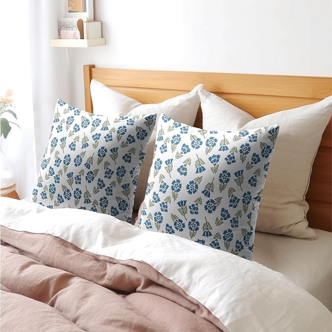 Blue Green Block Print Pillow Covers 16x16 Set of 2 Floral Spring Summer Flower Pattern Decorative Neutral Outdoor Throw Pillowcases Boho Cushion Cover Rustic Decoration Farmhouse Sofa Couch Bed Decor