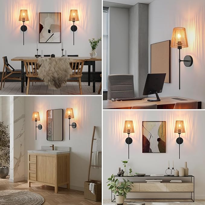 Battery Operated Wall Sconces Set of two, Black Rattan Shade Wireless Wall Lights with Remote Rechargeable Bulbs, 15 Colors and Dimmable, Cordless Battery Powered Wall Lamp for Living Room Bedroom