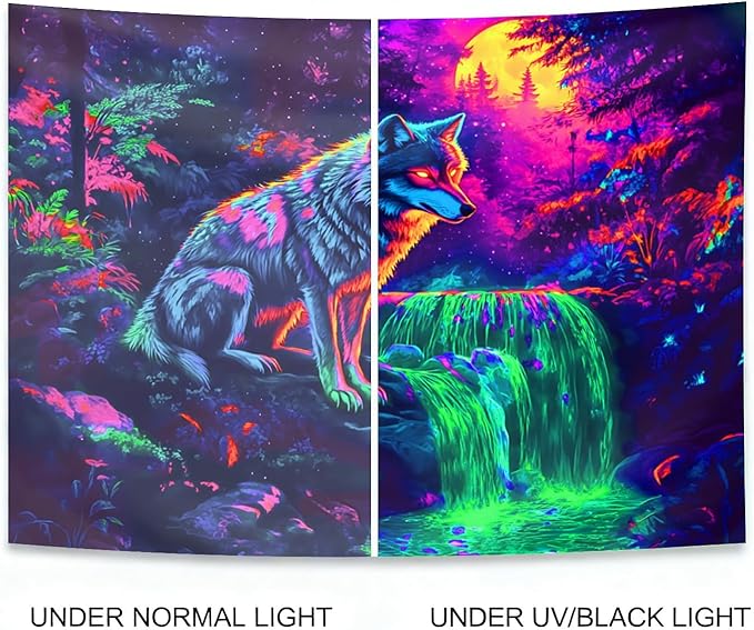 seewan Black Light Wolf Tapestry, Mysterious Wolf Tapestry, UV-Reactive Black Light Standing Tapestry, Vibrant Psychedelic Wall Hanging, Bedroom Dorm Living Room Background Decor