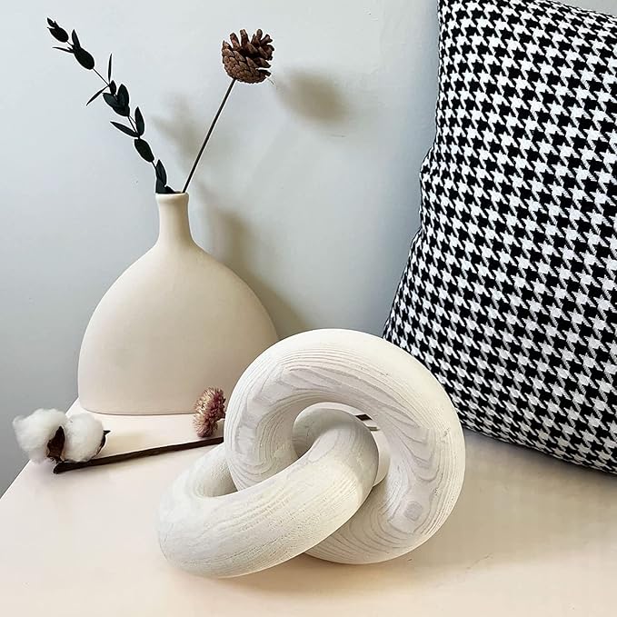 Double Ringwood Chain Link Decor- 2-Link Wood Knot Decor,Hand Carved Pine Wood Boho Bead, Suitable for Bedroom, Living Room, Coffee Table Decoration (White)