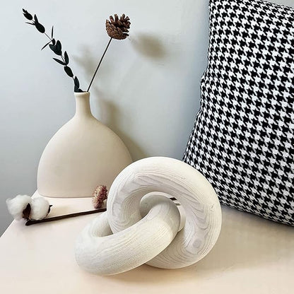 Double Ringwood Chain Link Decor- 2-Link Wood Knot Decor,Hand Carved Pine Wood Boho Bead, Suitable for Bedroom, Living Room, Coffee Table Decoration (White)