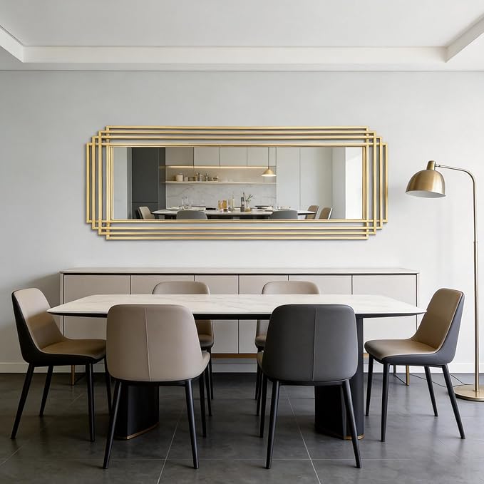 Large Geometric Wall Mirror, 67"x26" Modern Rectangle Full Length Mirror with Gold Metal Frame, Elegant Art Deco Mirror for Living Room Entryway Hallway, Hangs Vertically or Horizontally