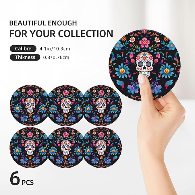 6 Pcs Ceramic Coasters with Holder Absorbent Drink Round Mexican Sugar Skulls Flowers Design for Home Table Coffee Cup Wine Beer Bar,Size 4.4 inches