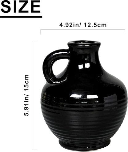 Sunddo Black Ceramic Vases Home Décor- 6 Inch Small Modern Decorative Vase with Handle, Black Decor, Table Mantle Fireplace Living Room Bathroom Wedding Centerpiece