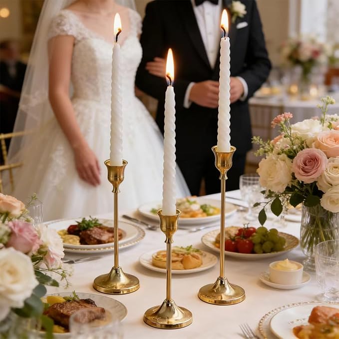 3 Sets(9 Pcs) Gold Candlestick Holders - Brushed Metal Taper Candle Holders with Anti-Slip Base, Vintage Brass Candle Stick Holder for Wedding Centerpieces, Dining Table, Fireplace & Mantel Dec
