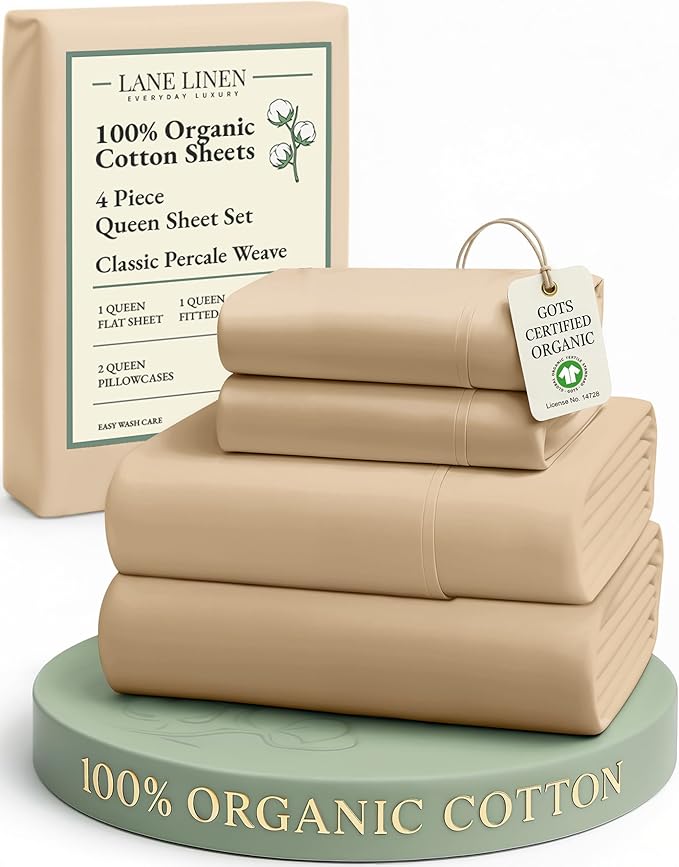 LANE LINEN 100% Organic Cotton Queen Size Sheets Set, Eco Friedly Mercerized Fully Elasticized Queen Sheets, Naturally Temperature Regulating Cooling Cotton Sheets- Linen