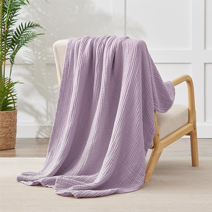 100% Cotton Muslin Blanket Twin 60" x 80", Breathable and Lightweight Cotton Twin Blankets for Couch, Soft Cooling Summer Gauze Blanket for Adults All Season, Lavender