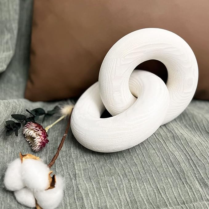Double Ringwood Chain Link Decor- 2-Link Wood Knot Decor,Hand Carved Pine Wood Boho Bead, Suitable for Bedroom, Living Room, Coffee Table Decoration (White)