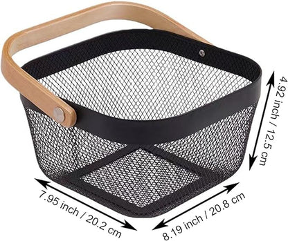 Metal Mesh Wire Basket, Mini Steel Basket with Wooden Handle Storage Organizer Basket Multi-functional Hanging Kitchen Baskets Fruit Baskets for Kitchen Bathroom Cabinet Pantry Snacks, Black