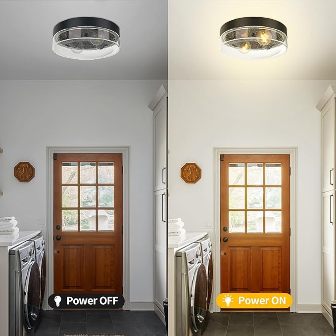Flush Mount Ceiling Light Fixtures, 2-Light Farmhouse Light Fixtures Ceiling Mount with Seeded Glass Lampshade, Industrial Flush Mount Light Fixture Farmhouse for Hallway, Kitchen, Entryway and Foyer