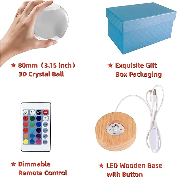 Large Shark Crystal Ball Night Light with Woodern Base, 3D Crystal Lamp 16 Color Changing with Remote Control, Laser Engraved Glass Ball Lamp, Room Decor (Shark)