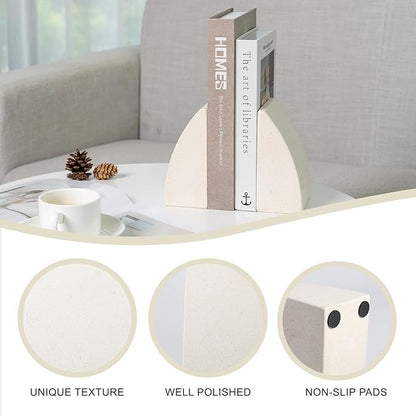 Koville Marble Bookends for Shelves, Large Bookends for Heavy Books, Natural Stone Book Stopper for Books CD Movies, Aesthetic Decorative Book Ends (Sail-Beige)