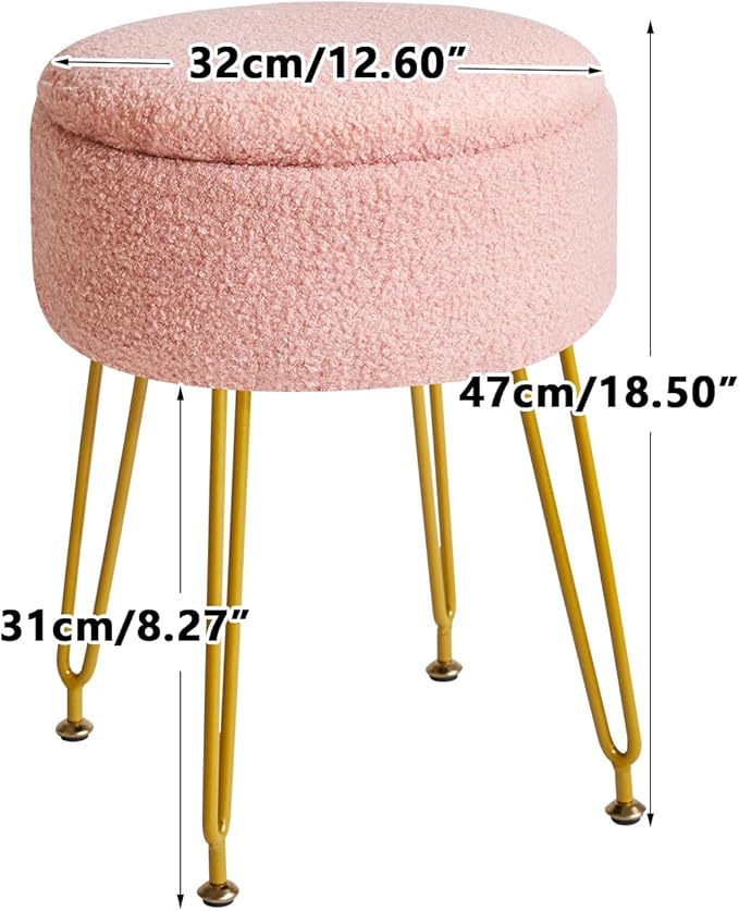 IBUYKE Teddy Velvet Storage Footrest Stool Ottoman, Makeup Vanity Stool Side Table with Removable Cover, Golden Steel Legs, Coffee Table Top Cover, Pink WBD010P
