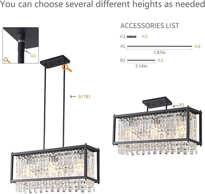 LMQNINE Modern Rectangle Chandelier for Dining Room, Black Crystal Chandelier Linear Light Fixture, Farmhouse Chandeliers for Kitchen Island, Bar Table, L25.98'' x W9.84'' x H8.66''