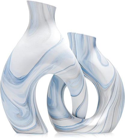 Blue Vases Set of 2, Modern Coastal Vase for Flowers, White vases for Table Centerpieces, Snuggle Hollow Vase Ceramic Decoration for Living Room, Nordic Boho Decor for Coffee Table Shelf