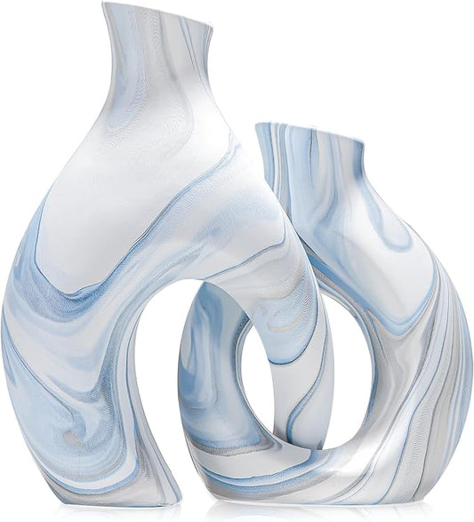 Blue Vases Set of 2, Modern Coastal Vase for Flowers, White vases for Table Centerpieces, Snuggle Hollow Vase Ceramic Decoration for Living Room, Nordic Boho Decor for Coffee Table Shelf