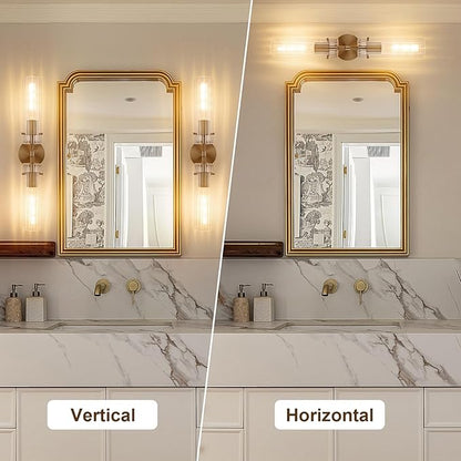 Brass Gold 2-Light Knurled Wall Sconce, Dual-Head Vanity Lamp with Vertical Striped Glass Tube, Bathroom Wall Sconces, Wall Lights for Living Room Bedroom Hallway Kitchen Bathroom Mirror