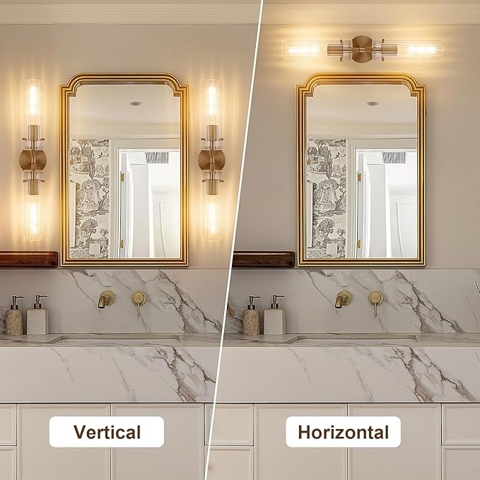 Brass Gold 2-Light Knurled Wall Sconce, Dual-Head Vanity Lamp Set of Two with Vertical Striped Glass Tube, Bathroom Wall Sconces, Wall Lights for Living Room Bedroom Hallway Kitchen Bathroom Mirror