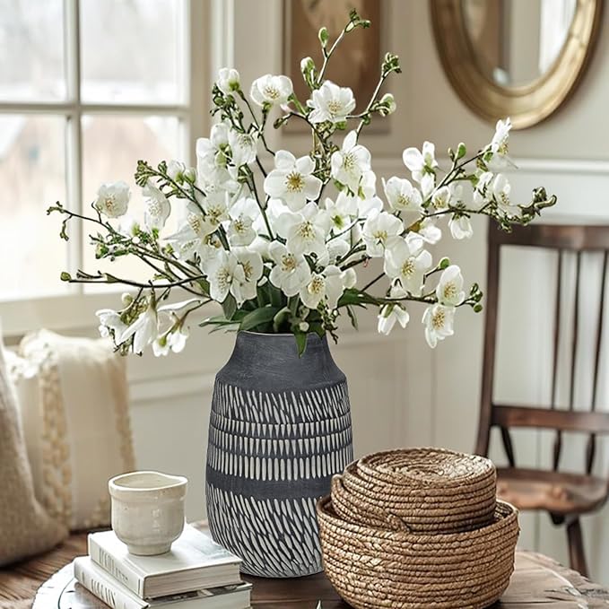 9" Textured Vase with Linear Stripe, Rustic Ceramic Vase for Home Office Tabletop Decor, Industrial, Vintage & Farmhouse Style, Slender & Dark Grey