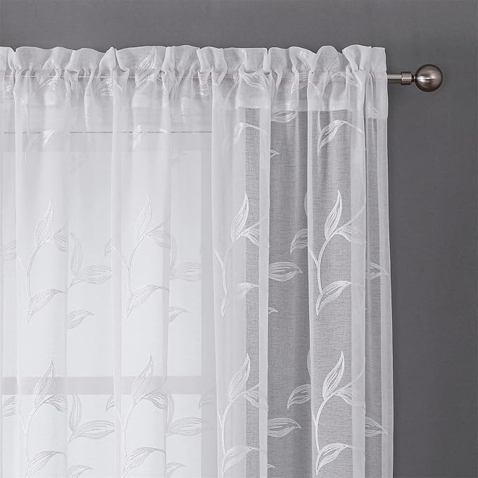 VISIONTEX White Sheer Curtains 95 Inches Long 2 Panels Set Embroidered Floral Leaf Pattern Rod Pocket Semi Sheer Voile Window Curtains/Drapes for Bedroom Living Room 54 x 95 Inches