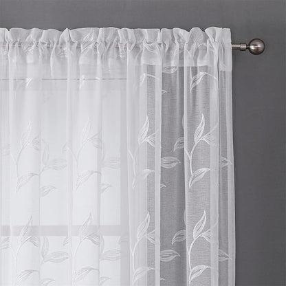 VISIONTEX White Sheer Curtains 95 Inches Long 2 Panels Set Embroidered Floral Leaf Pattern Rod Pocket Semi Sheer Voile Window Curtains/Drapes for Bedroom Living Room 54 x 95 Inches