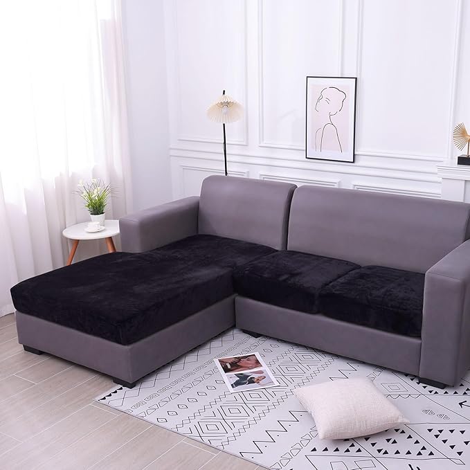 hyha Velvet Couch Cushion Covers, Stretch Chaise Lounge Sectional Couch Seat Covers L Shape for Sectional Sofa, Soft Sofa Cushion Slipcover Washable with Elastic Bottom(Chaise, Black)