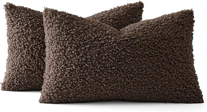 MIULEE Pack of 2 Throw Pillow Covers 12x20 Inch Neutral Chocolate Faux Fur Decorative Sherpa Pillow Covers Fuzzy Accent Soft Sheepskin Fleece Cushion Cases for Boho Home Decor Couch Living Room Bed